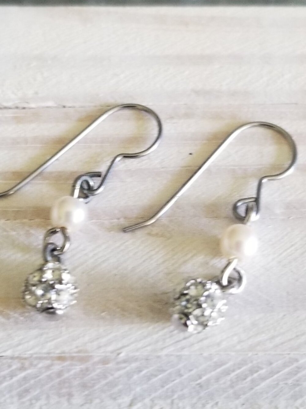 Premier Designs Dangle Earrings Pearl CZ Sphere Fish Hook Silver Plate